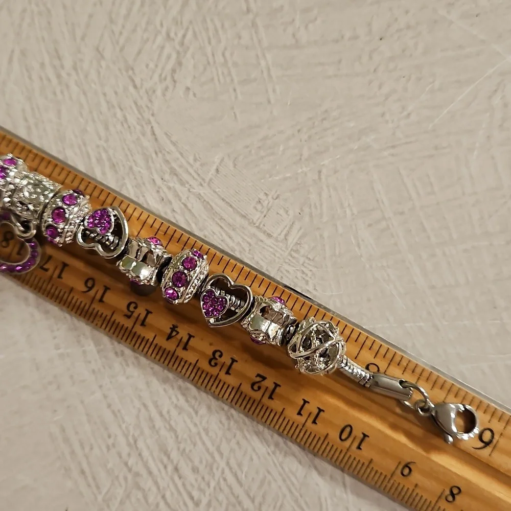 Birthstone bracelet silver tone with charms amethyst dark pink February October - Picture 5 of 10